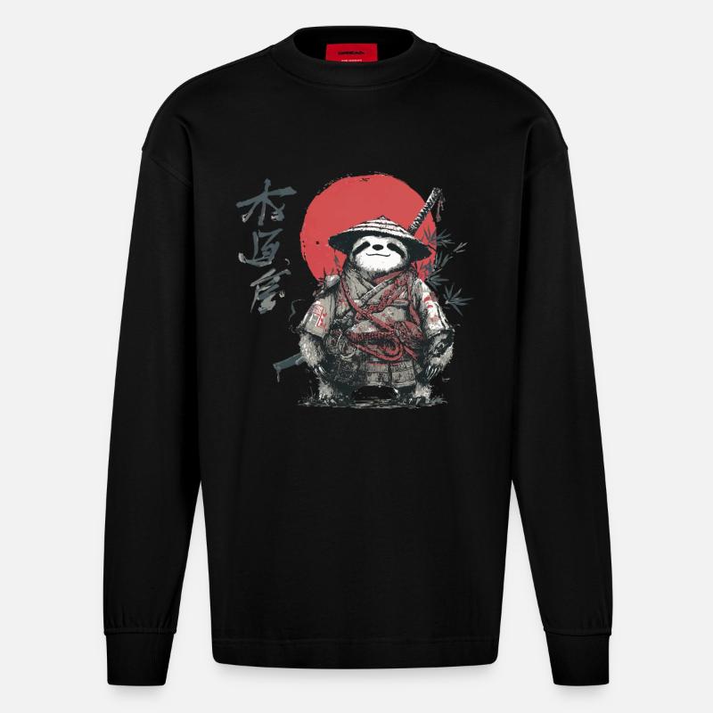 Faultier-Samurai unter roter Sonne - Heavyweight Oversized Organic Langarmshirt Made in EU - SOLID BLACK