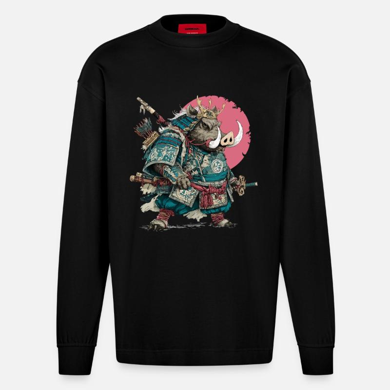 Boar Samurai in Teal Armor - Heavyweight Oversized Organic Longsleeve Shirt Made in EU - SOLID BLACK