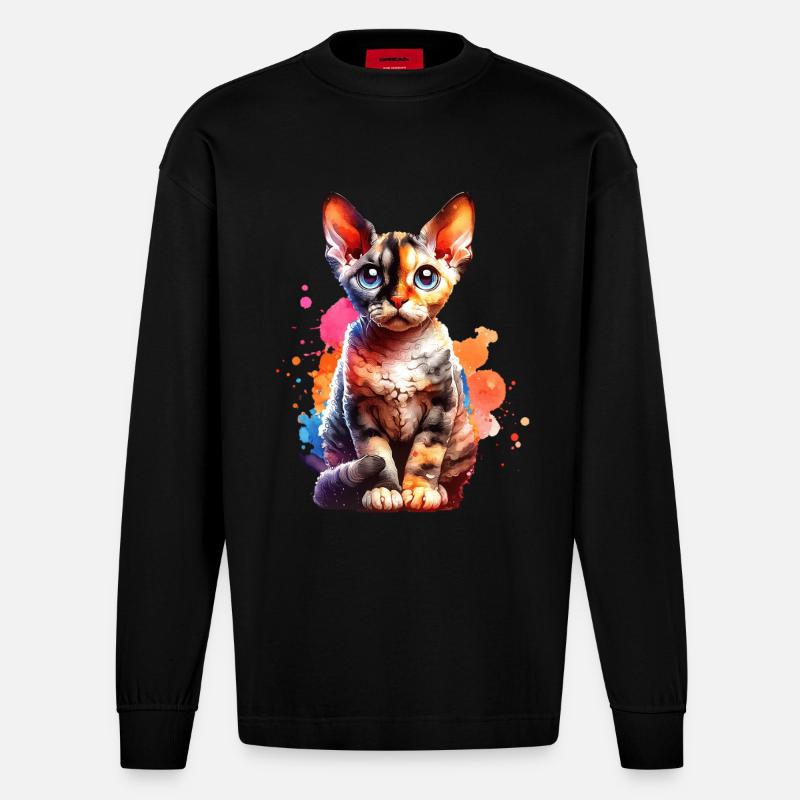 Devon Rex Gift - Heavyweight Oversized Organic Longsleeve Shirt Made in EU - SOLID BLACK