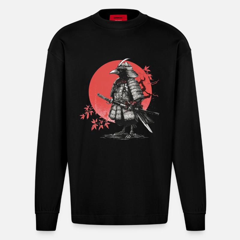 Samurai-Krähe in Rüstung - Heavyweight Oversized Organic Langarmshirt Made in EU - SOLID BLACK