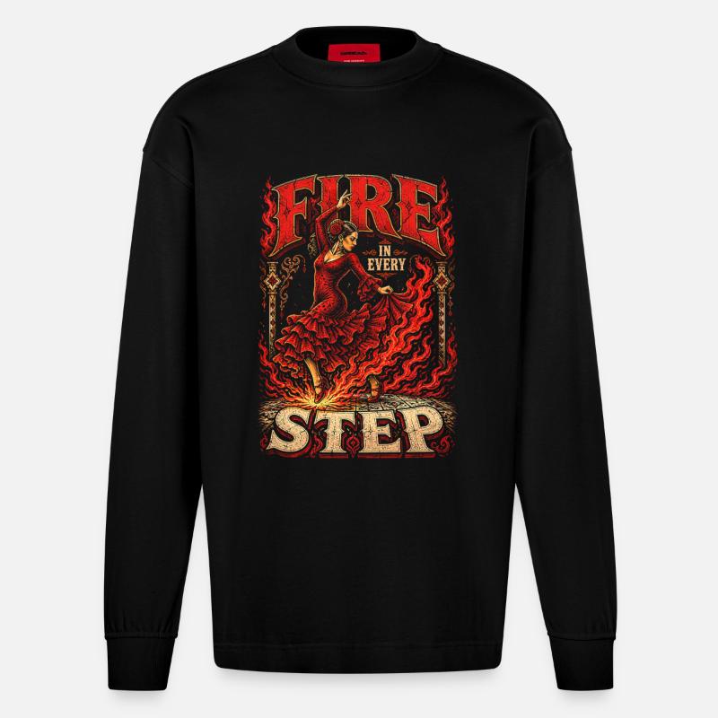 Flamenco Fire In Every Step - Heavyweight Oversized Organic Langarmshirt Made in EU - SOLID BLACK
