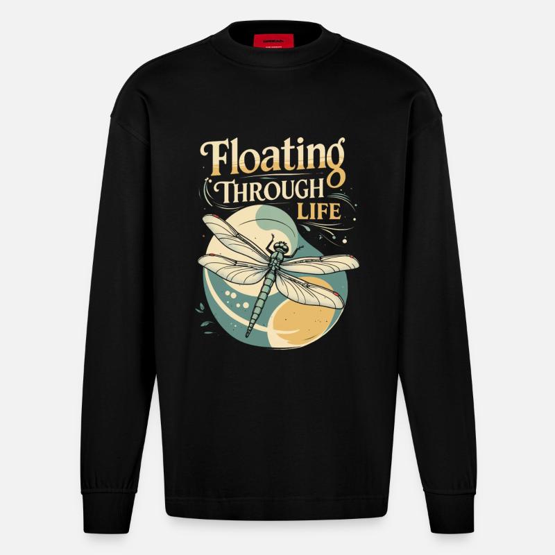 Libelle Libellen Floating Through Life - Heavyweight Oversized Organic Langarmshirt Made in EU - SOLID BLACK