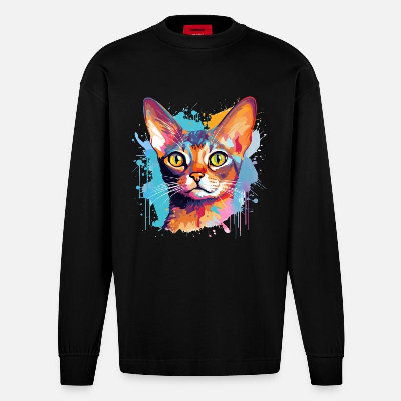 Abessinisches Katzengesicht – bunte Splash-Kunst - Heavyweight Oversized Organic Langarmshirt Made in EU - SOLID BLACK