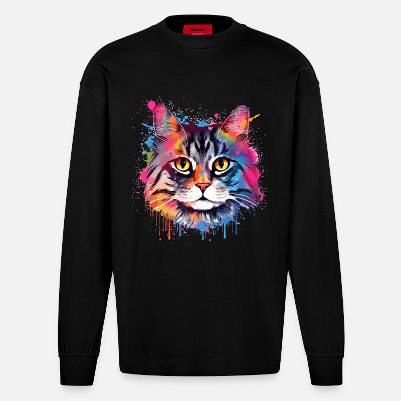 Bunte Splash-Art: Amerikanischer Bobtail-Katzenkopf - Heavyweight Oversized Organic Langarmshirt Made in EU - SOLID BLACK