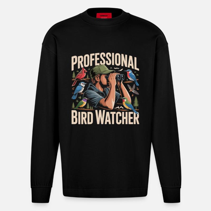 Professional Bird Watcher Vogelbeobachter - Heavyweight Oversized Organic Langarmshirt Made in EU - SOLID BLACK