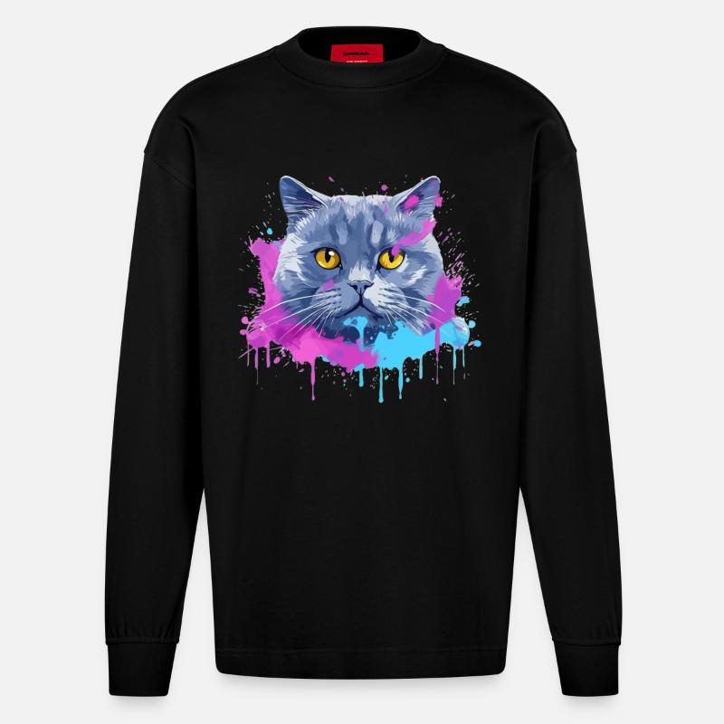Bunte Splash-Kunst Britisches Kurzhaar-Katzengesicht - Heavyweight Oversized Organic Langarmshirt Made in EU - SOLID BLACK