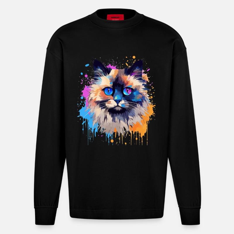 Bunte Birman-Katzengesicht-Splash-Kunst - Heavyweight Oversized Organic Langarmshirt Made in EU - SOLID BLACK