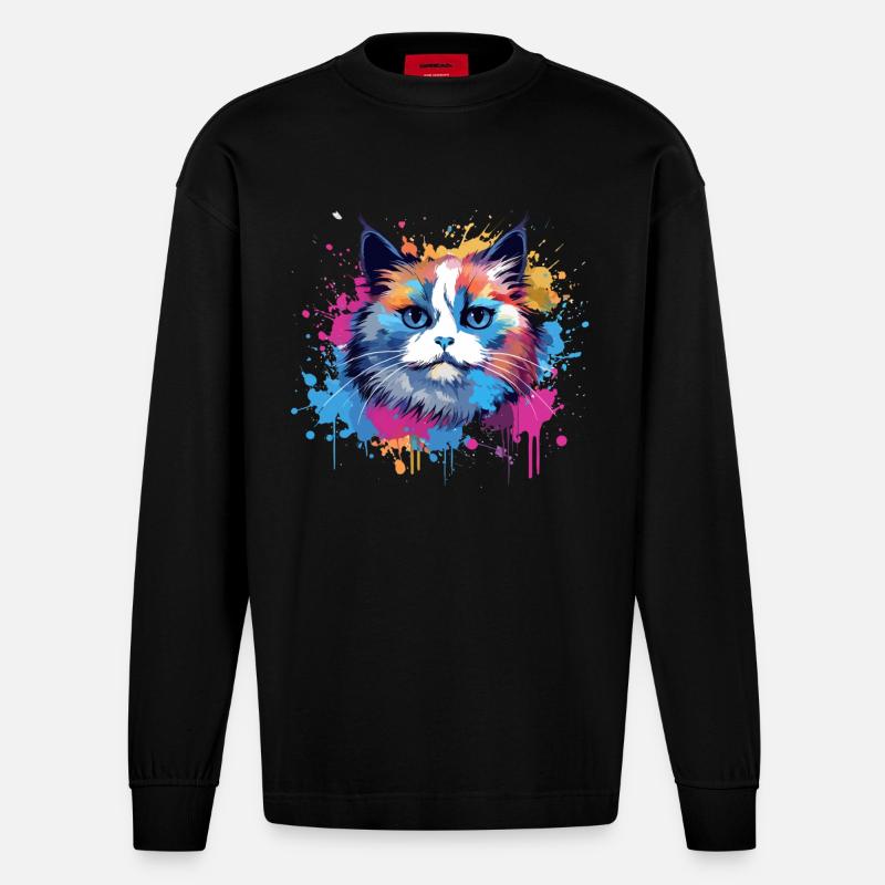 Birman-Katzengesicht Bunte Splash-Kunst - Heavyweight Oversized Organic Langarmshirt Made in EU - SOLID BLACK