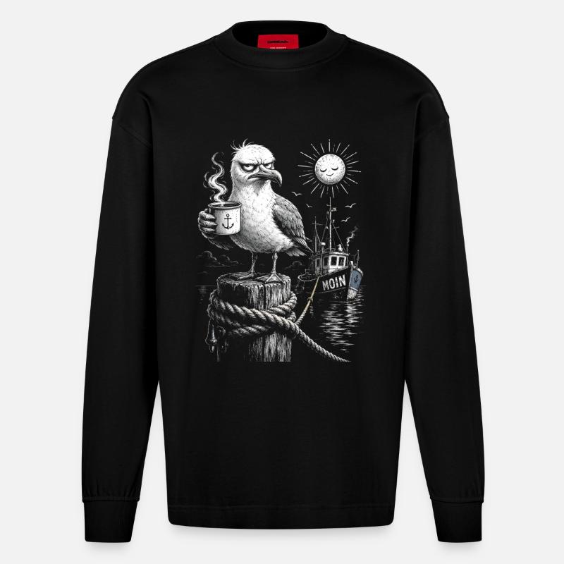 MOIN – Grumpy Seagull with Coffee - Heavyweight Oversized Organic Longsleeve Shirt Made in EU - SOLID BLACK
