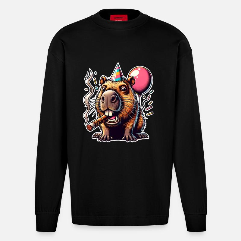 Capybara Party - Heavyweight Oversized Organic Langarmshirt Made in EU - SOLID BLACK