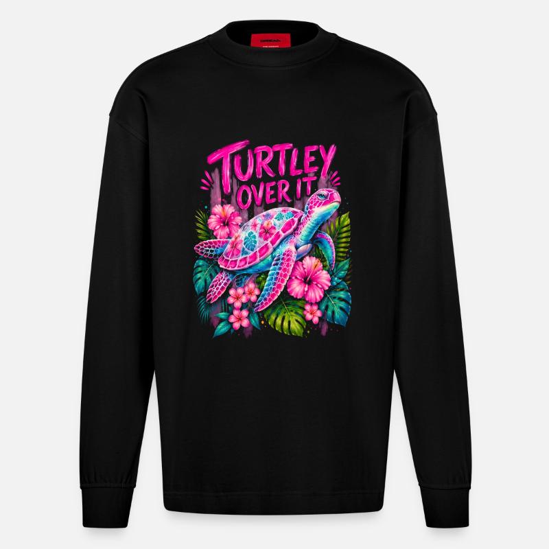 Turtley Over It Cute Turtle Flower - Heavyweight Oversized Organic Langarmshirt Made in EU - SOLID BLACK
