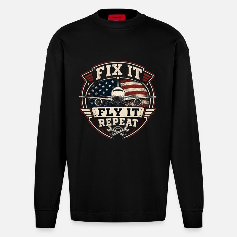 Luftfahrt Wartung Flugzeug Technik Profi - Heavyweight Oversized Organic Langarmshirt Made in EU - SOLID BLACK