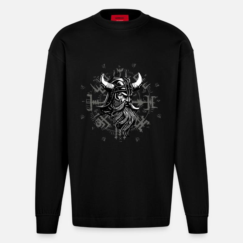 Vegvísir mit Wikingerkopf - Heavyweight Oversized Organic Langarmshirt Made in EU - SOLID BLACK