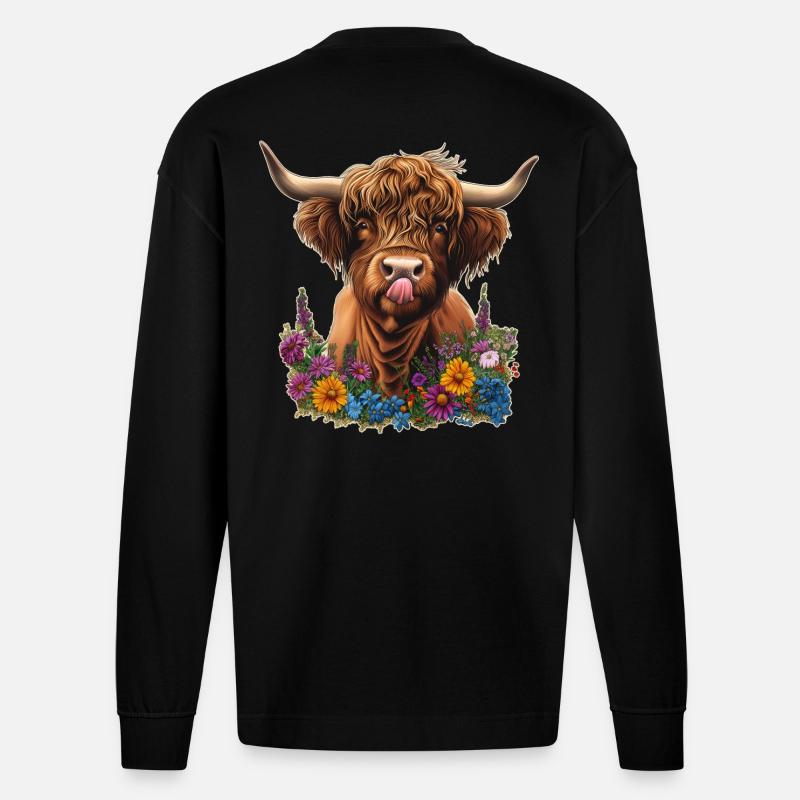 Bovins Highland avec des fleurs - Manches longues bio épais oversize fabriqué en UE - SOLID BLACK