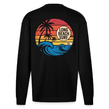 Long Beach, Californie - surf coucher de soleil - Manches longues bio épais oversize fabriqué en UE - SOLID BLACK - Dos