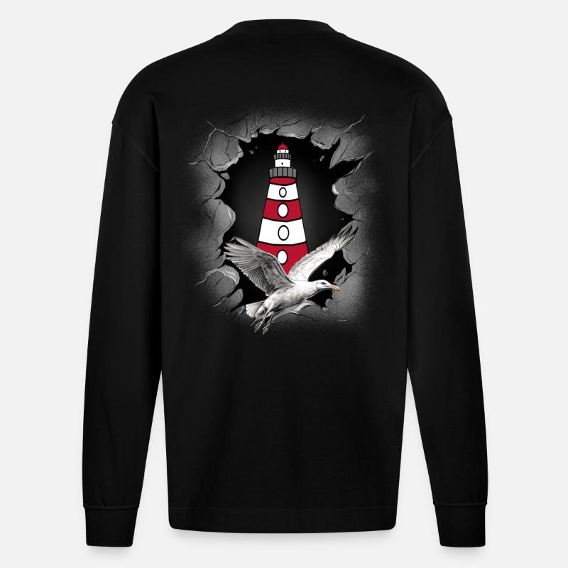 Seagull Lighthouse Maritime Lighthouses Seagulls - Heavyweight Oversized Organic Longsleeve Shirt Made in EU - SOLID BLACK