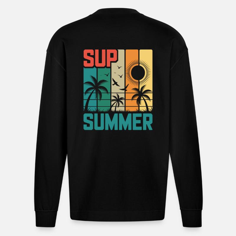 SUP summer - Palmen & Strand - Heavyweight Oversized Organic Langarmshirt Made in EU - SOLID BLACK