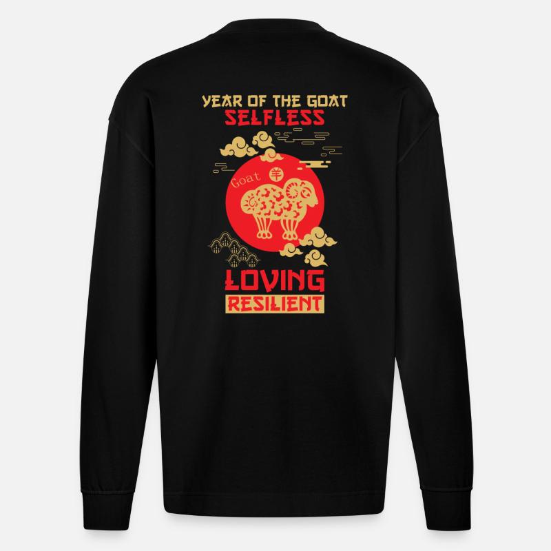 Ziege Chinesisches Tierkreiszeichen - Heavyweight Oversized Organic Langarmshirt Made in EU - SOLID BLACK
