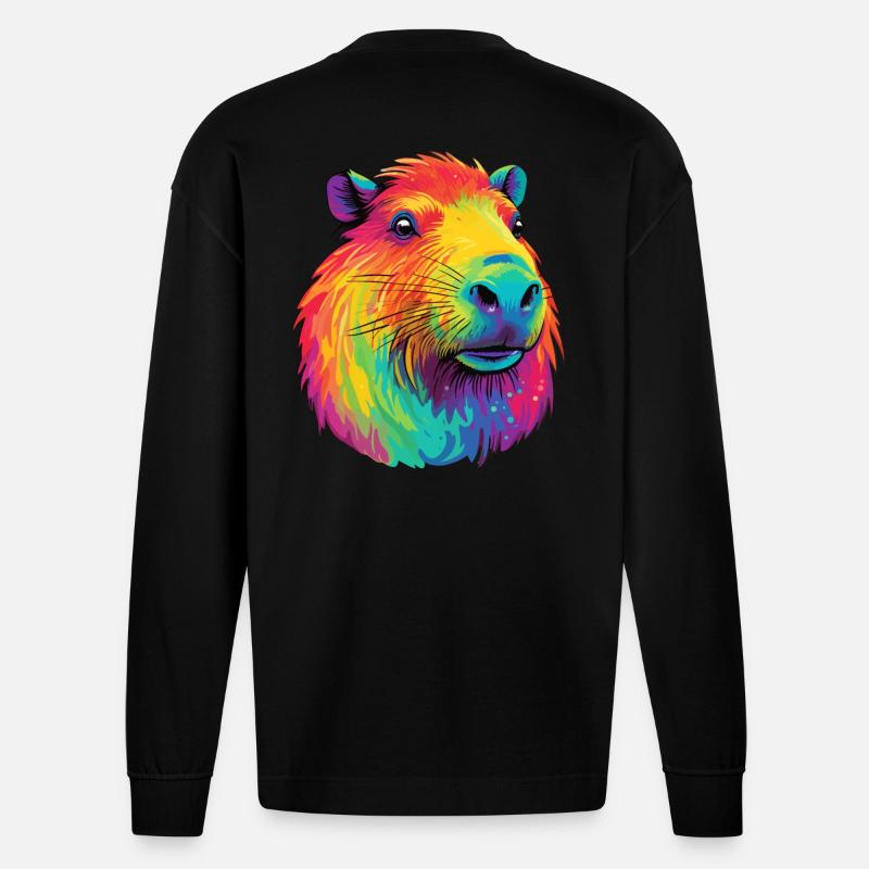 Capybara Low Rainbow Design - Manches longues bio épais oversize fabriqué en UE - SOLID BLACK