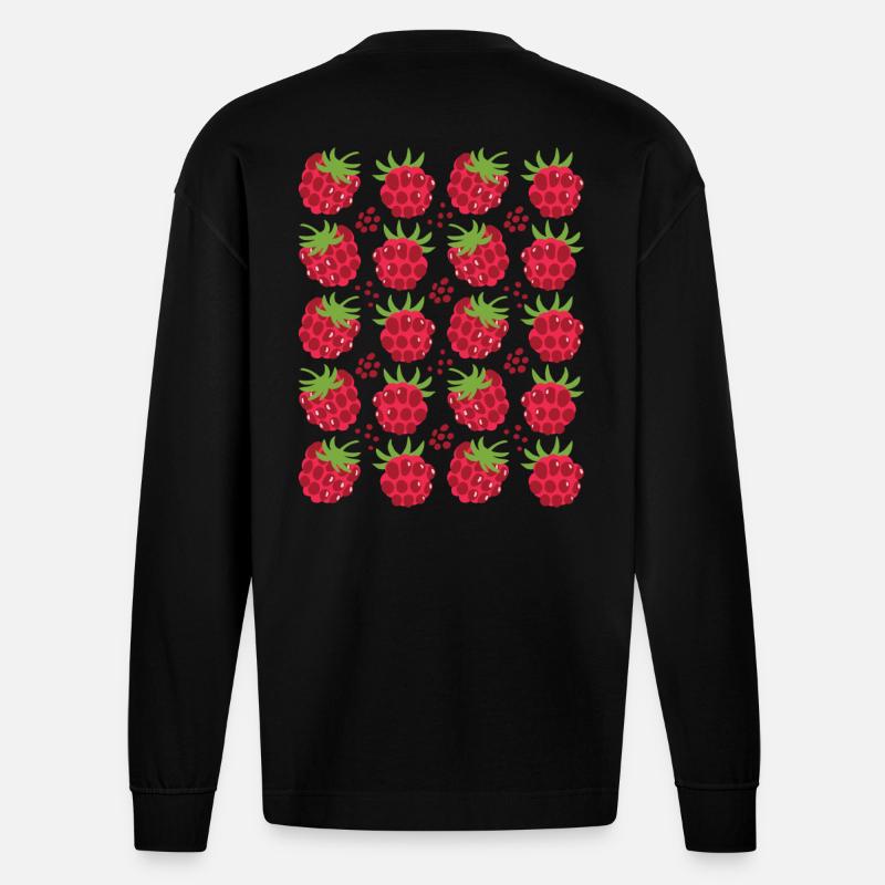Raspberry Berries Fruit Pattern - Heavyweight Oversized Organic Longsleeve Shirt Made in EU - SOLID BLACK