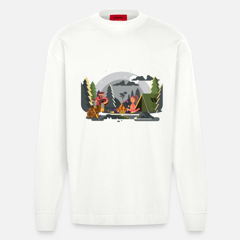 Lagerfeuer Waldcamping Duo - Heavyweight Oversized Organic Langarmshirt Made in EU - OFF WHITE