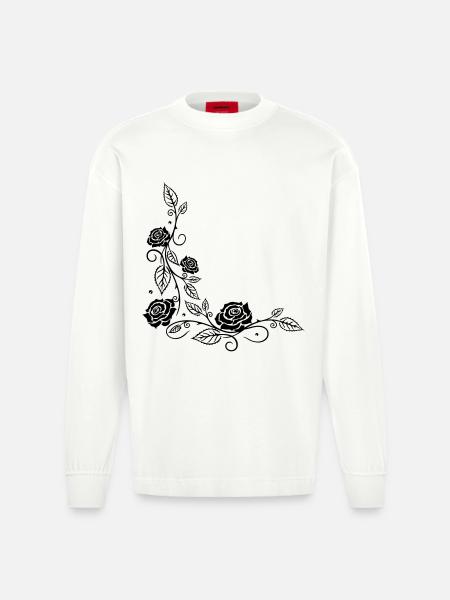 Roses avec ornements et feuilles - Manches longues bio épais oversize fabriqué en UE - OFF WHITE