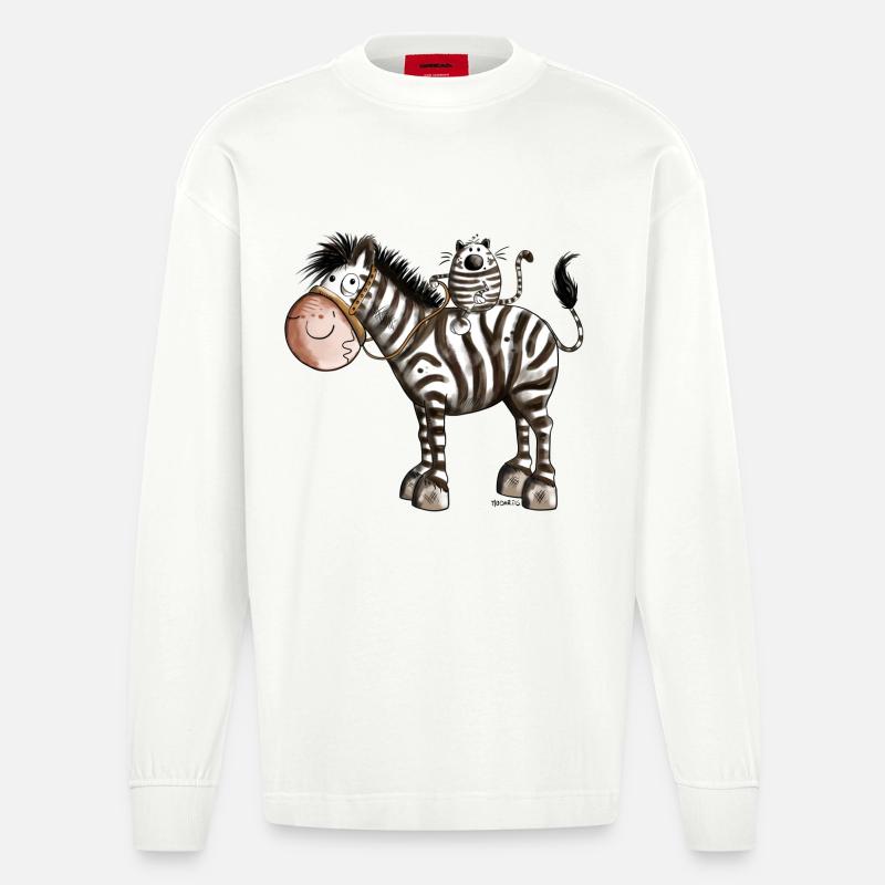 Zebra mit Katze - Heavyweight Oversized Organic Langarmshirt Made in EU - OFF WHITE