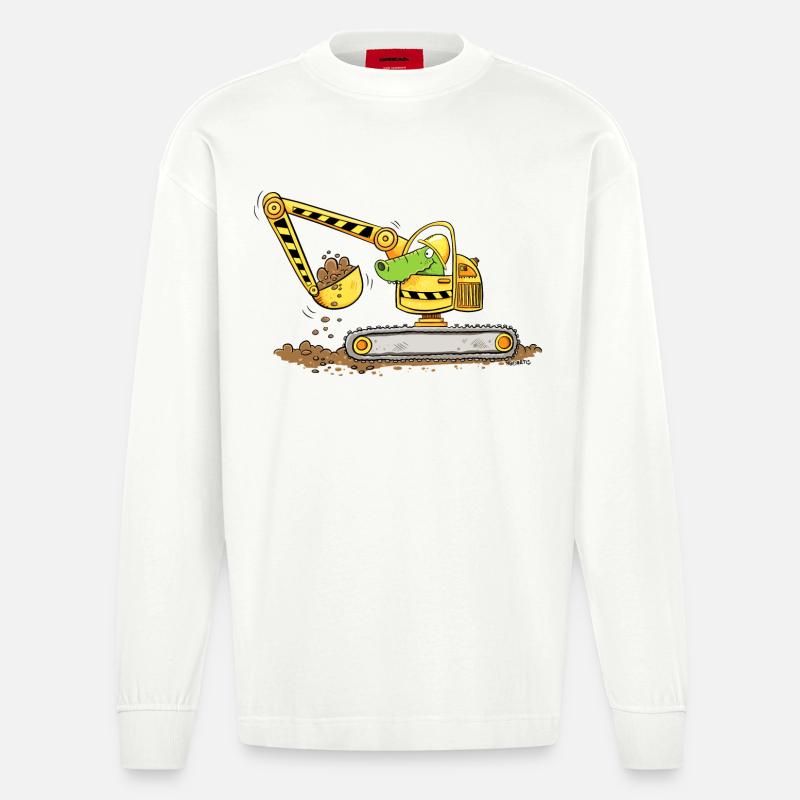 Bagger Mit Krokodil Baustelle Baggerfahrer Jungen - Heavyweight Oversized Organic Langarmshirt Made in EU - OFF WHITE