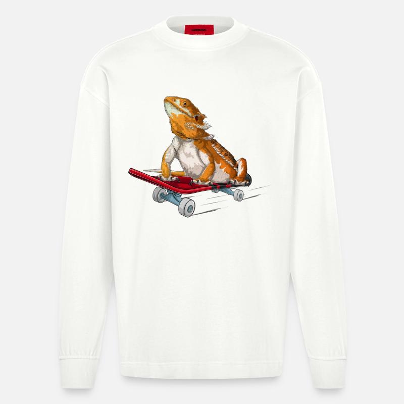 Bartdrache auf einem Skateboard - Heavyweight Oversized Organic Langarmshirt Made in EU - OFF WHITE