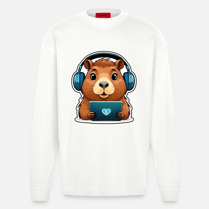 Capybara mit Computer - Heavyweight Oversized Organic Langarmshirt Made in EU - OFF WHITE