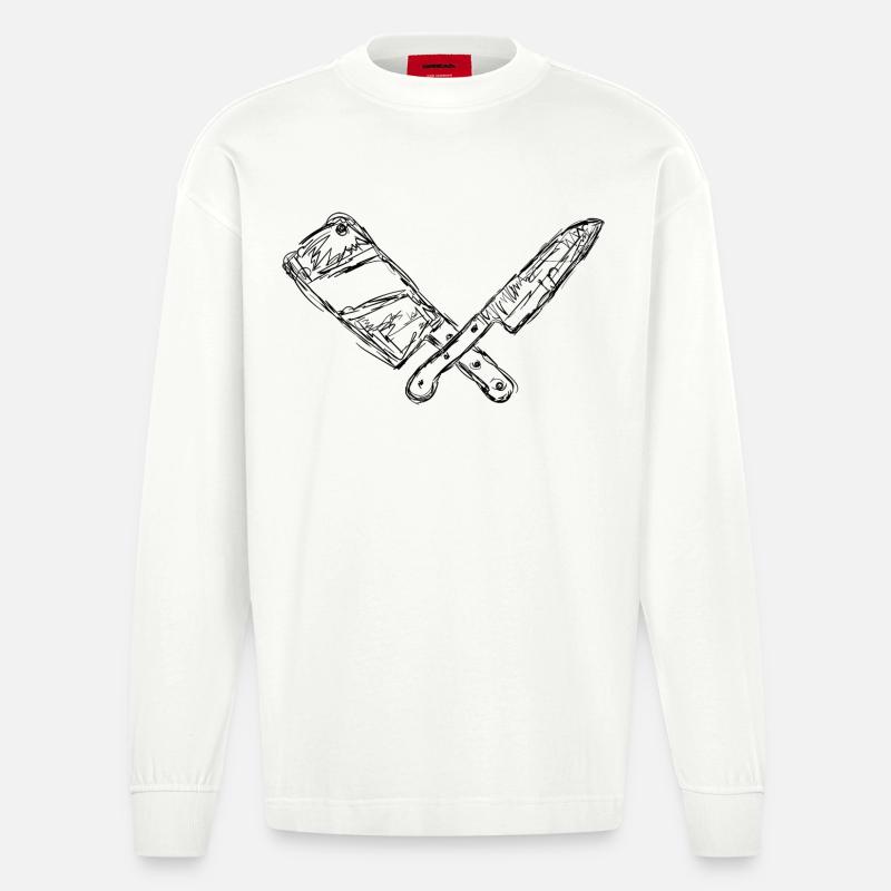 Messer und Hackbeil Zeichnung - Heavyweight Oversized Organic Langarmshirt Made in EU - OFF WHITE