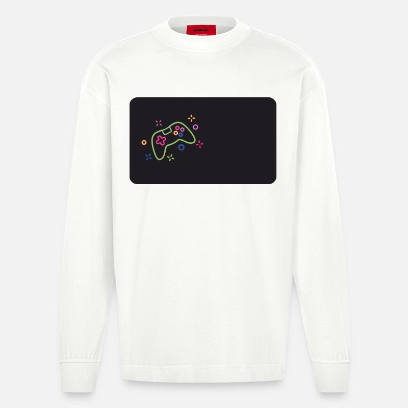 Bunter Spielecontroller auf schwarzem Hintergrund - Heavyweight Oversized Organic Langarmshirt Made in EU - OFF WHITE