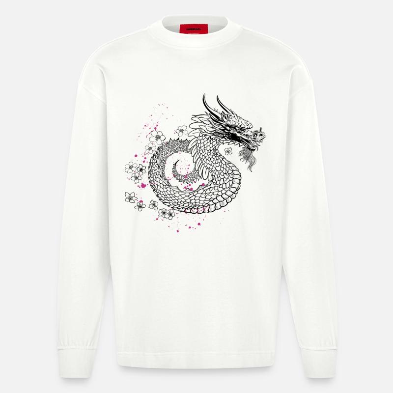Drache mit Kirschblüten Sakura Style - Heavyweight Oversized Organic Langarmshirt Made in EU - OFF WHITE