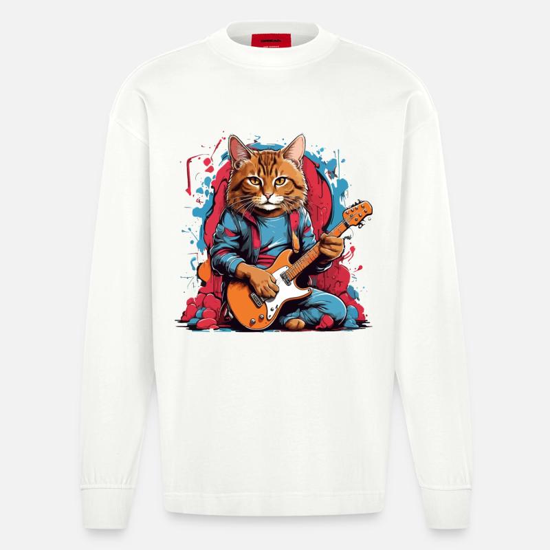 Katze mit Gitarre - Heavyweight Oversized Organic Langarmshirt Made in EU - OFF WHITE