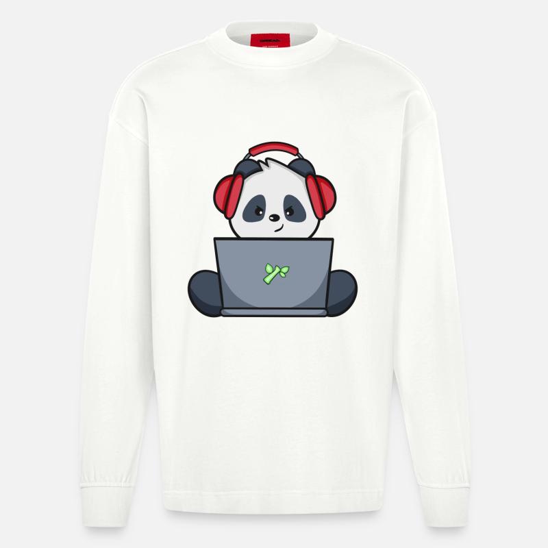 Gaming Panda mit gelbem Headset - Heavyweight Oversized Organic Langarmshirt Made in EU - OFF WHITE