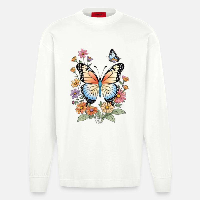 Bunter Falter im Blütenmeer - Heavyweight Oversized Organic Langarmshirt Made in EU - OFF WHITE