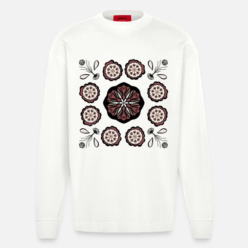 Dunkles Blütenmandala Muster - Heavyweight Oversized Organic Langarmshirt Made in EU - OFF WHITE