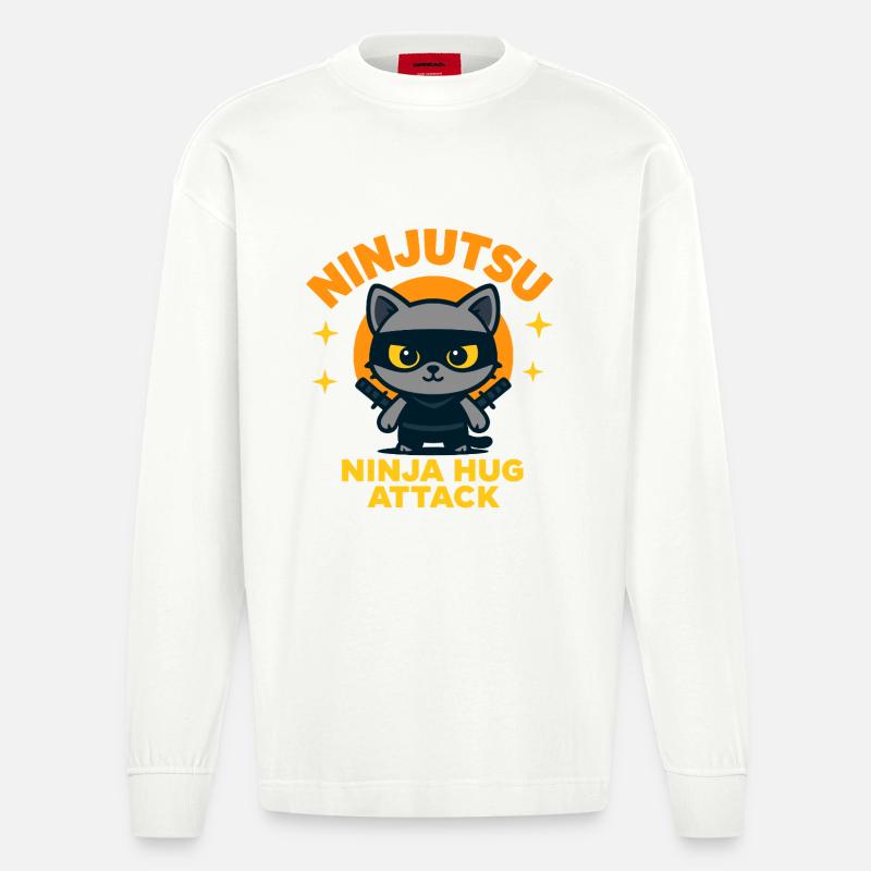 Ninja Katzen Attacke - Heavyweight Oversized Organic Langarmshirt Made in EU - OFF WHITE