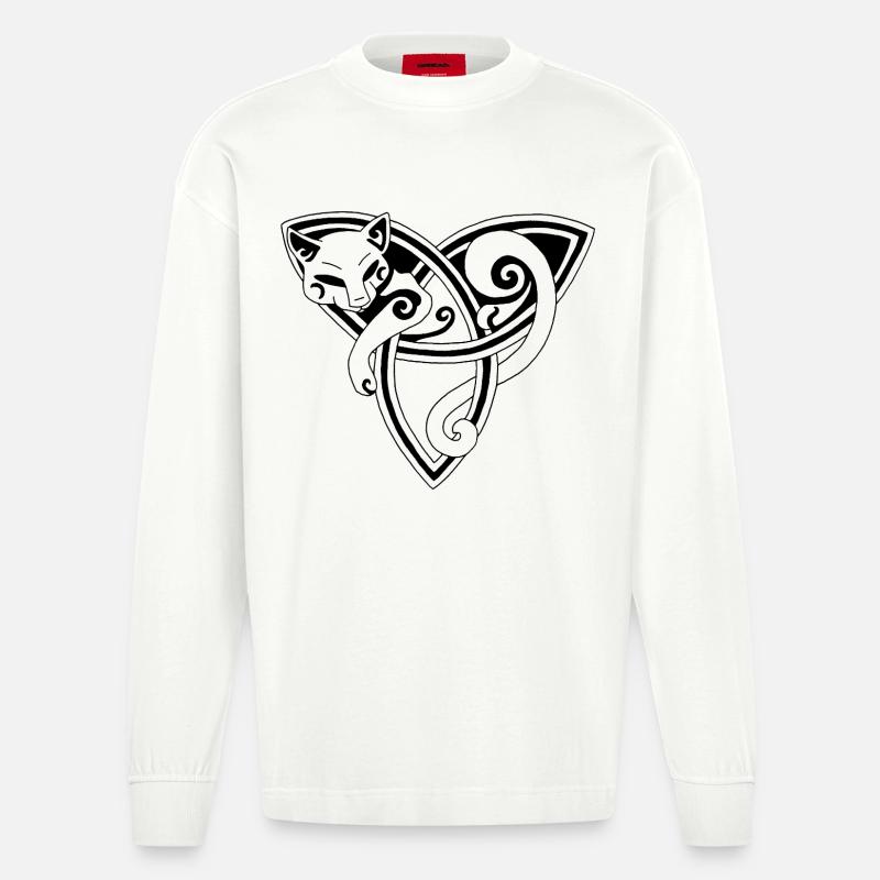 Die keltische Katze ruht (schwarz) - Heavyweight Oversized Organic Langarmshirt Made in EU - OFF WHITE