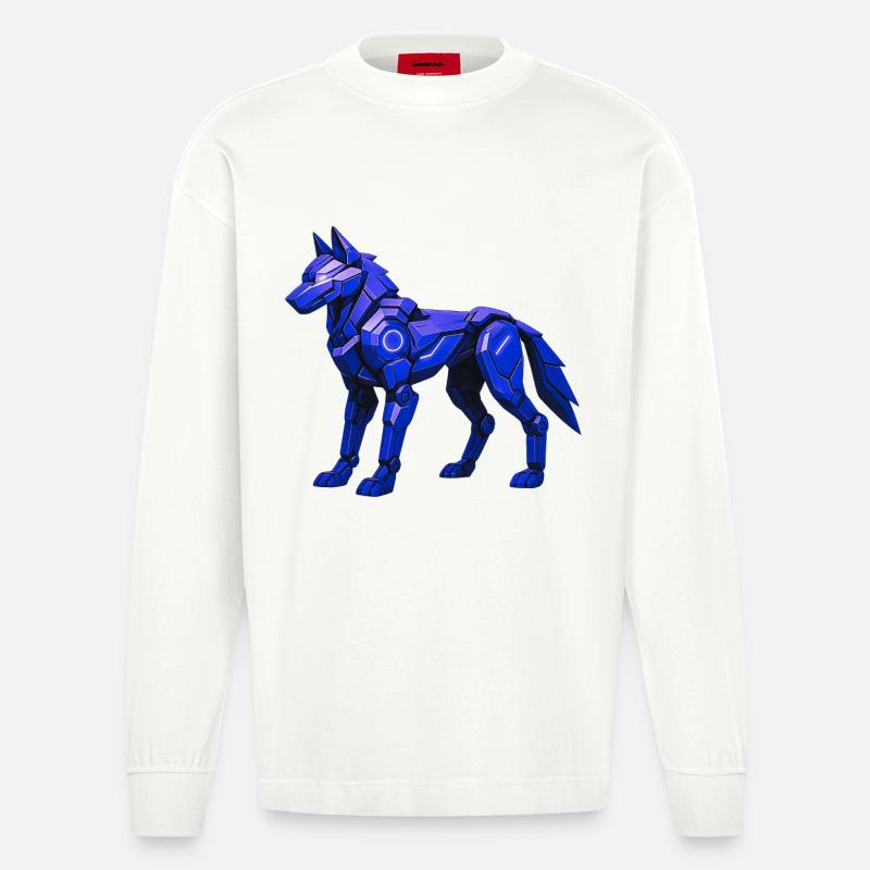 Futuristische digitale Wolf Illustration - Heavyweight Oversized Organic Langarmshirt Made in EU - OFF WHITE