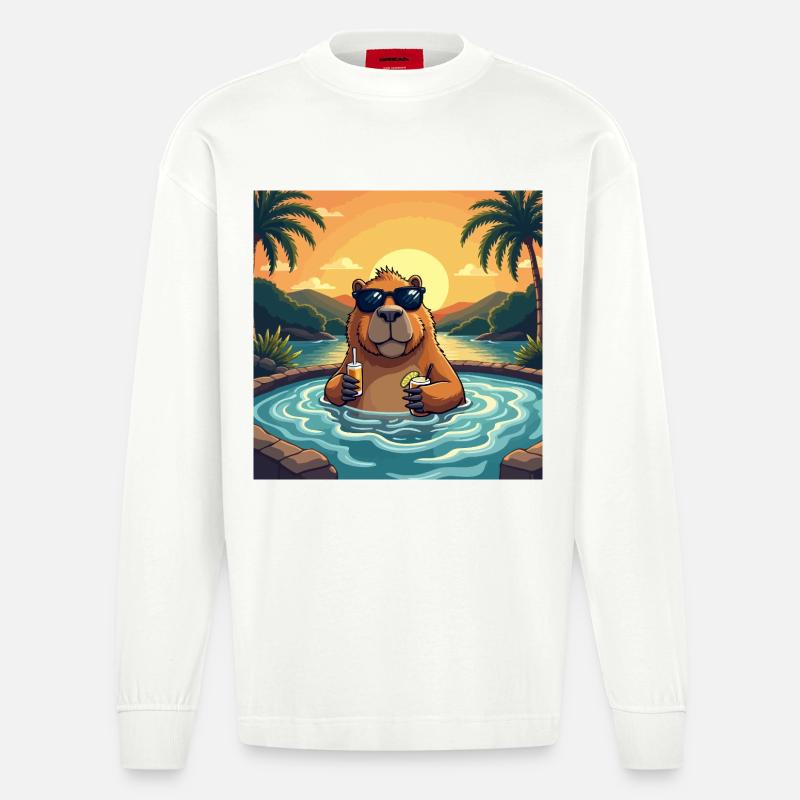 Chillbara Vibes - Capybara im Chillmodus - Heavyweight Oversized Organic Langarmshirt Made in EU - OFF WHITE
