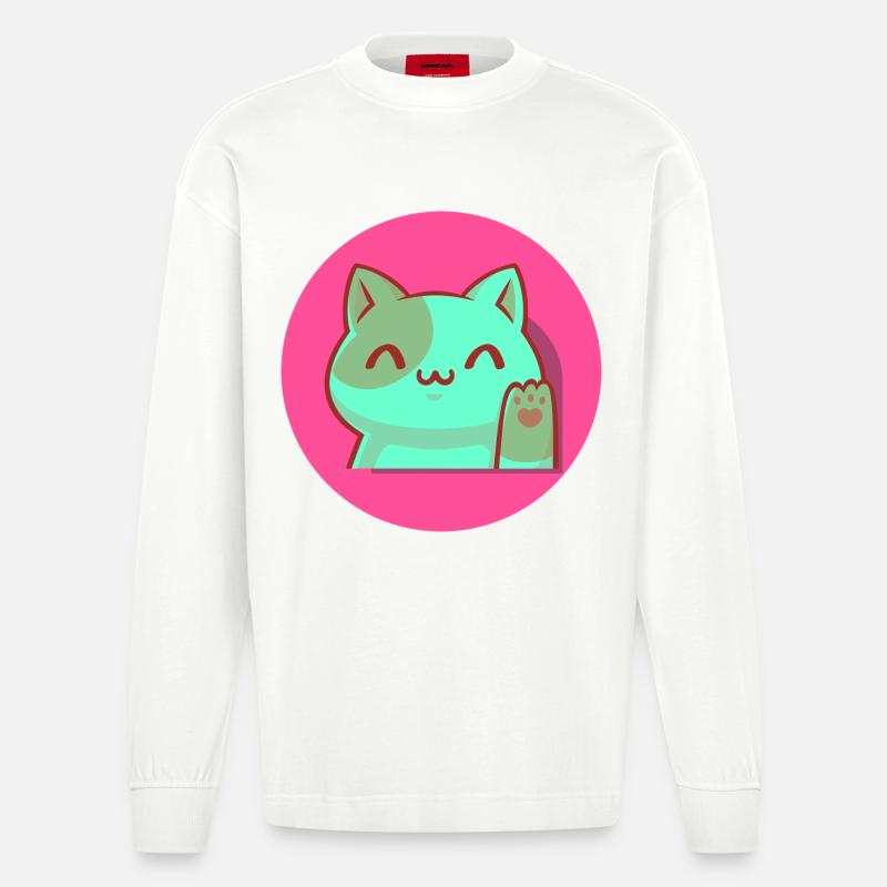 Chibi Kawaii Katze, Glücksbringer, Popart pink - Heavyweight Oversized Organic Langarmshirt Made in EU - OFF WHITE