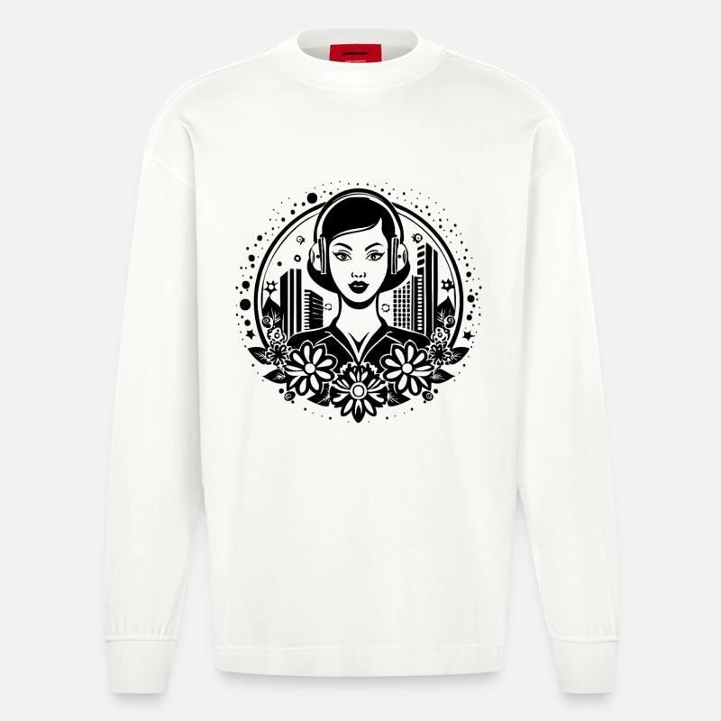 Techno Beat kick – Frau, Kopfhörer, Sequenz - Heavyweight Oversized Organic Langarmshirt Made in EU - OFF WHITE
