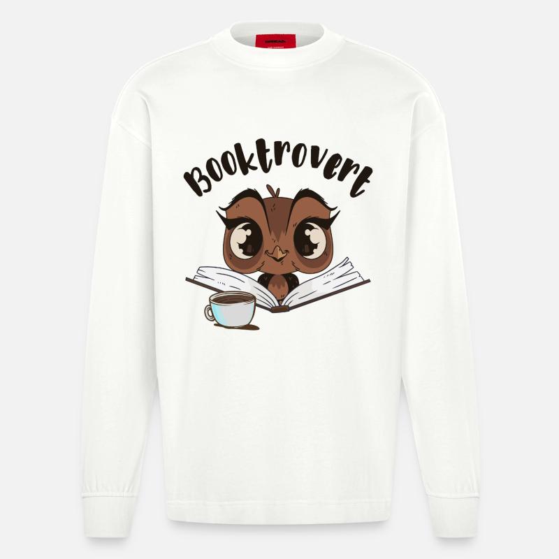 Booktrovert Eule mit Buch und Kaffee - Heavyweight Oversized Organic Langarmshirt Made in EU - OFF WHITE