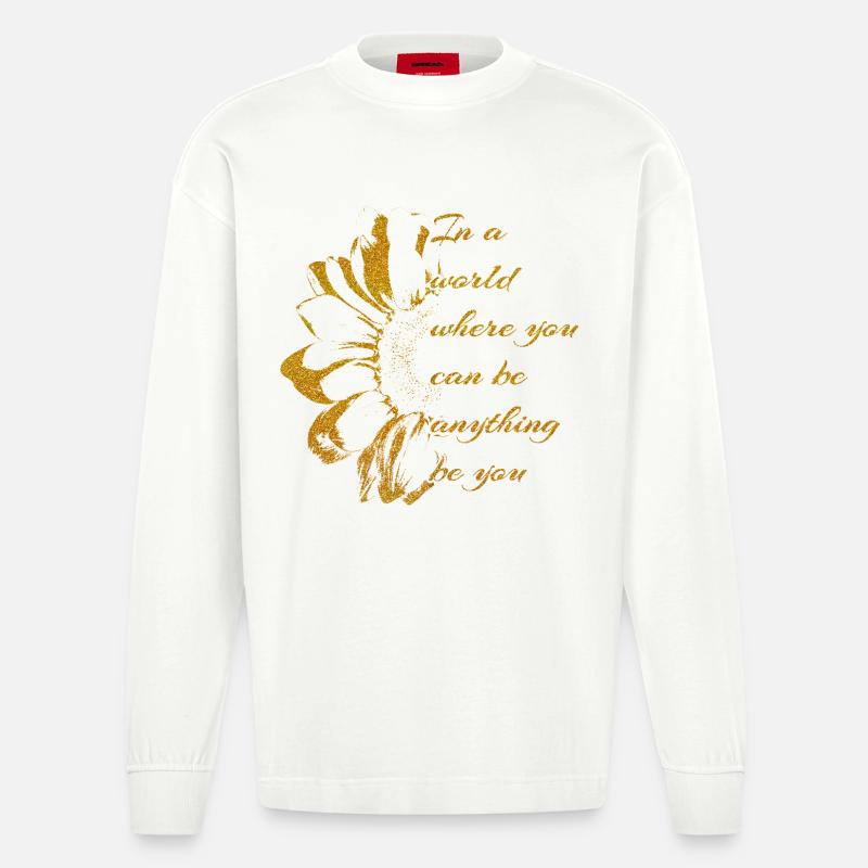 Goldene Botschaft-SEI DU mit Sonnenblume - Heavyweight Oversized Organic Langarmshirt Made in EU - OFF WHITE