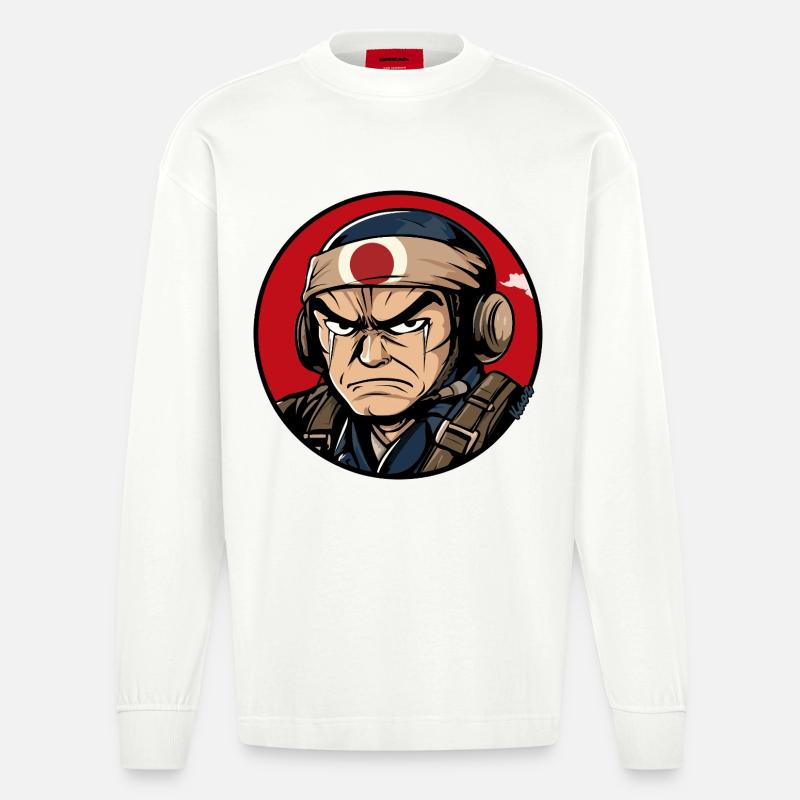 Krieger Samurai Cartoon Design - Heavyweight Oversized Organic Langarmshirt Made in EU - OFF WHITE