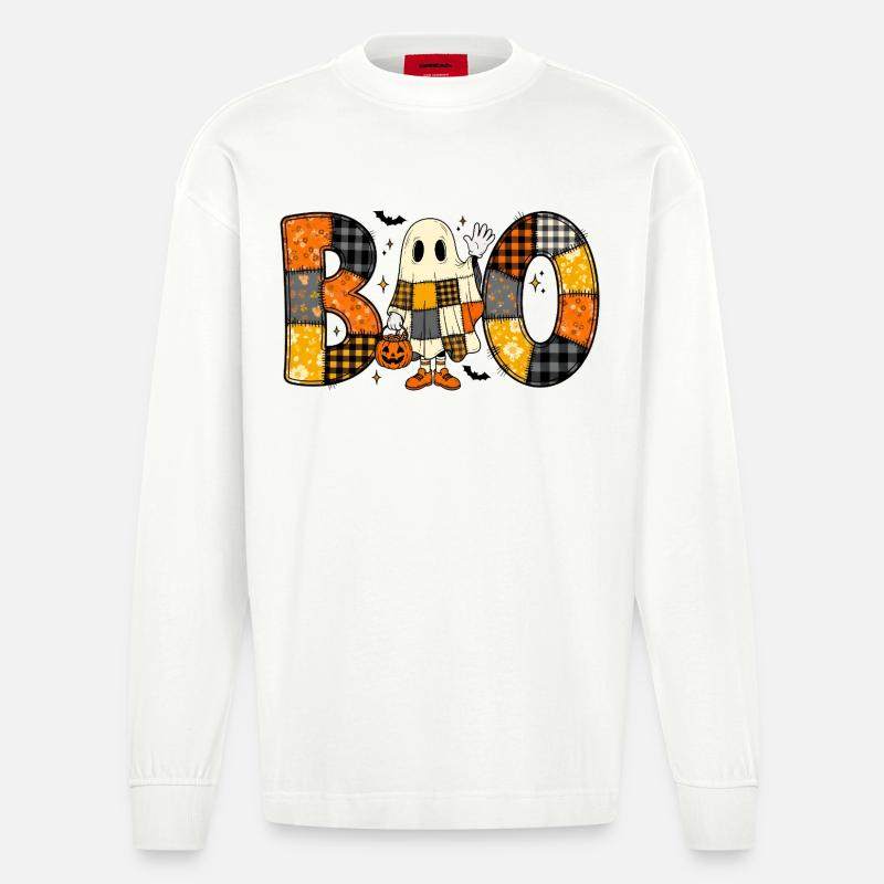 Ghost Halloween Patchwork Boo - Heavyweight Oversized Organic Langarmshirt Made in EU - OFF WHITE