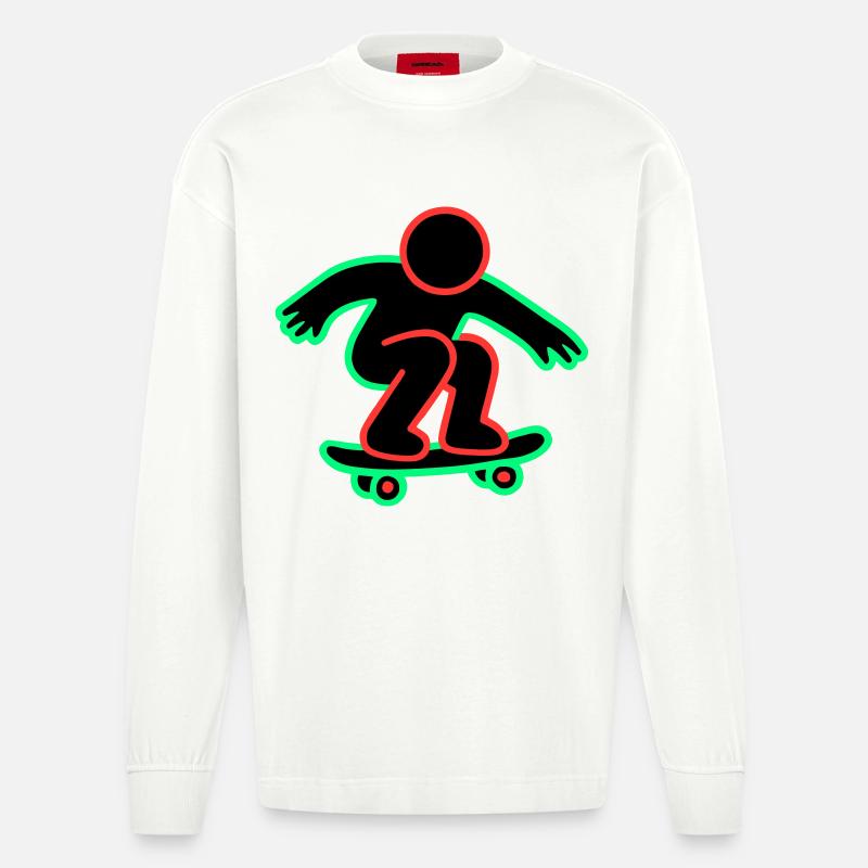 Dessin au trait de skateboarder néon - Manches longues bio épais oversize fabriqué en UE - OFF WHITE