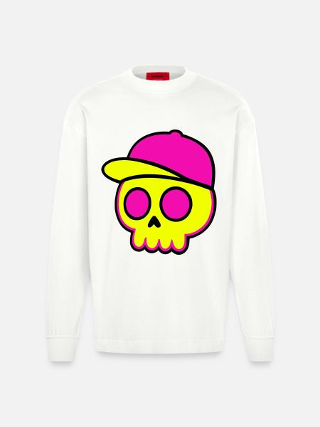 Neon Skull Cap Design - Heavyweight Oversized Organic Longsleeve Shirt Made in EU - OFF WHITE