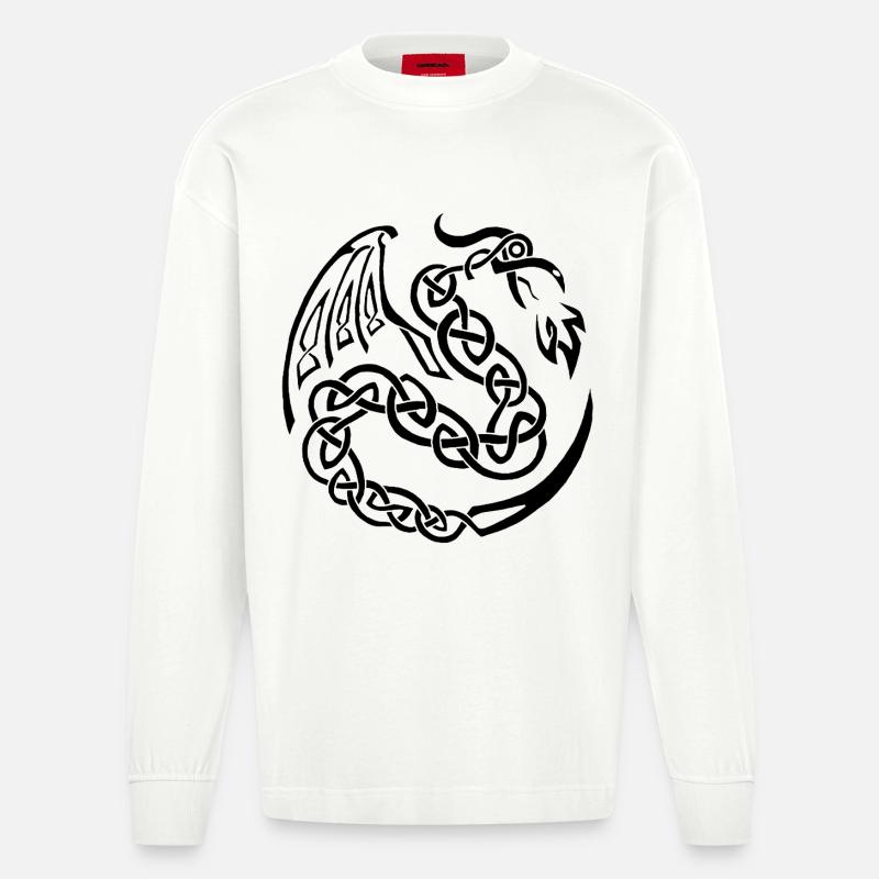 Schwarzer keltischer Drache - Heavyweight Oversized Organic Langarmshirt Made in EU - OFF WHITE